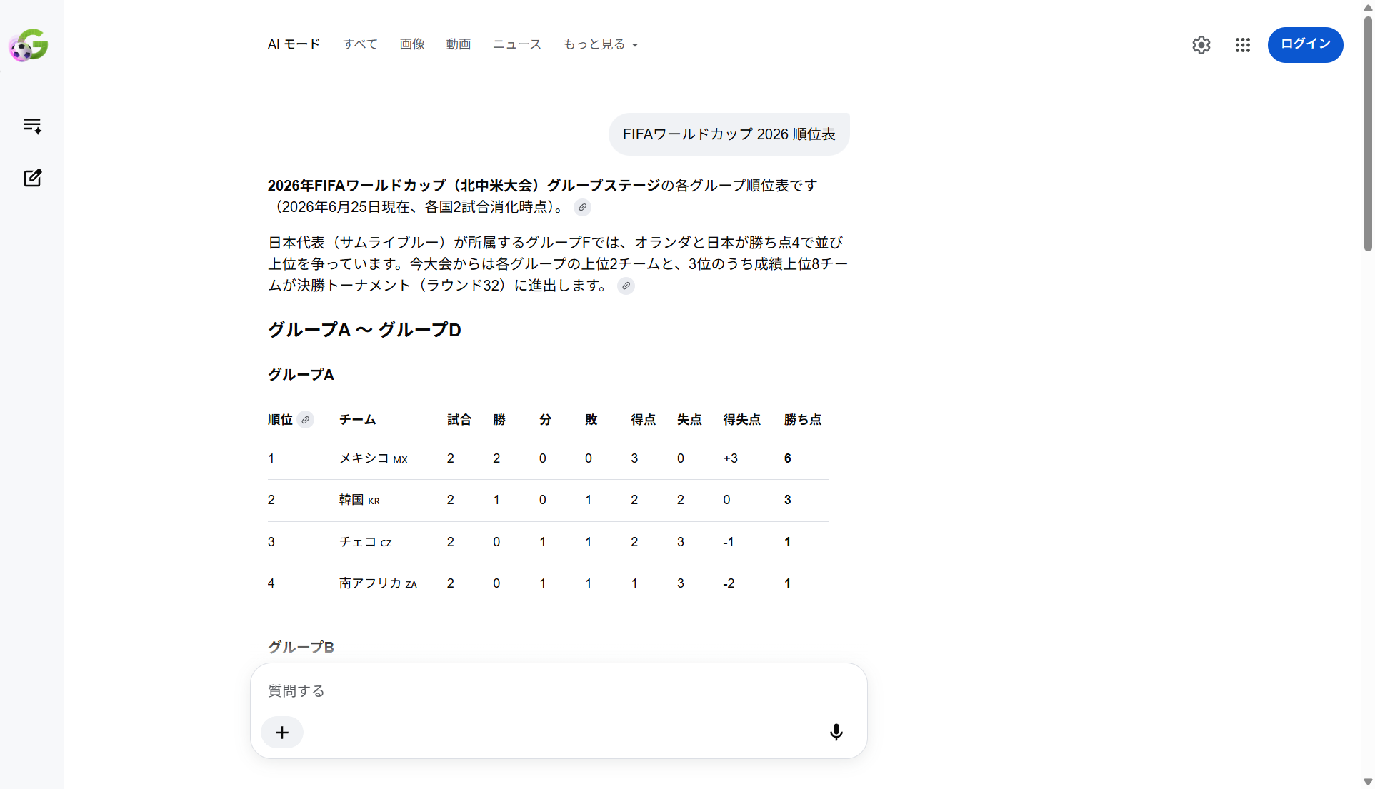 FIFAワールドカップ 2026 順位表 検索結果